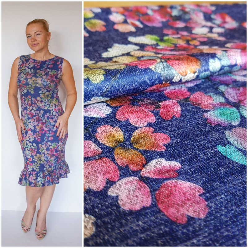 Blue viscose jersey with colourful flowers.