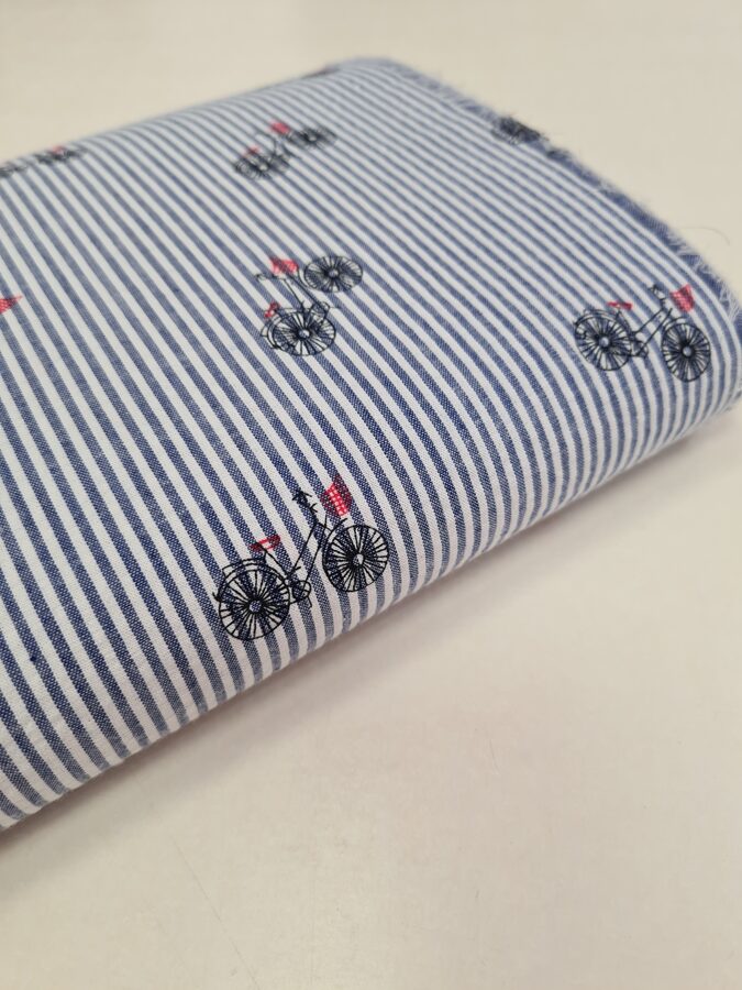 SEERSUCKER cotton with denim blue stripes and bicycle print