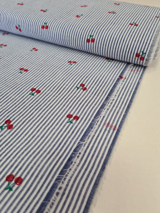 SEERSUCKER cotton with denim blue stripes and cherry print