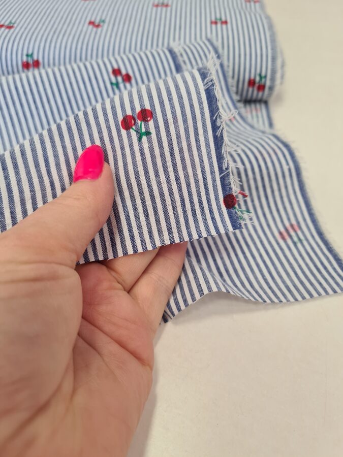 SEERSUCKER cotton with denim blue stripes and cherry print