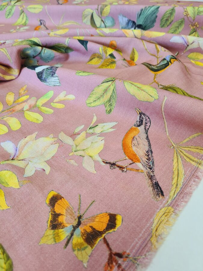 Viscose with birds and leaf trees print (Old rose)