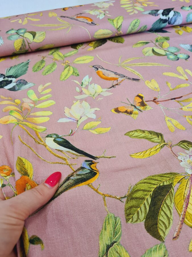 Viscose with birds and leaf trees print (Old rose)