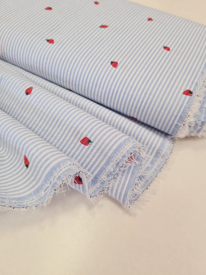 SEERSUCKER cotton with light blue stripes and strawberries print