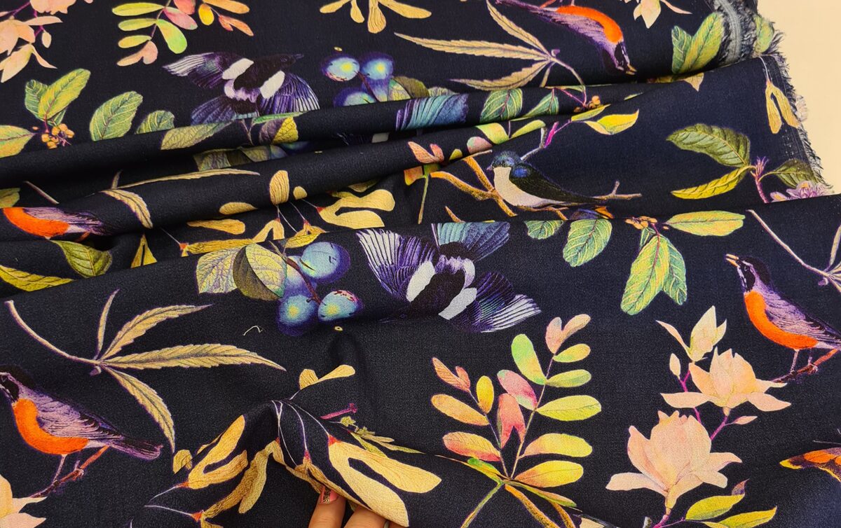 Viscose with birds and leaf trees print (Navy)