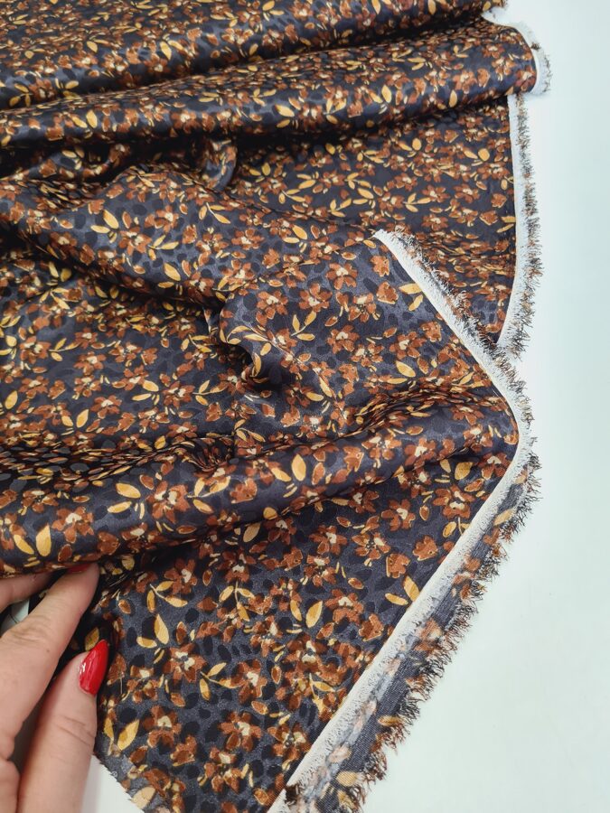 Polyester satin with jacquard texture and small leaves print (Brown with dark brown)