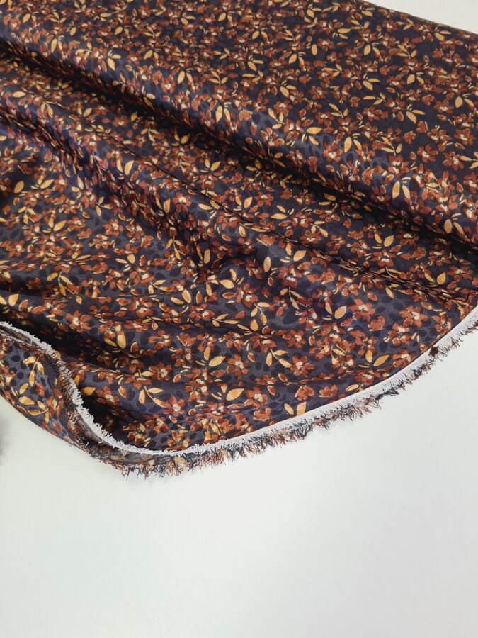 Polyester satin with jacquard texture and small leaves print (Brown with dark brown)