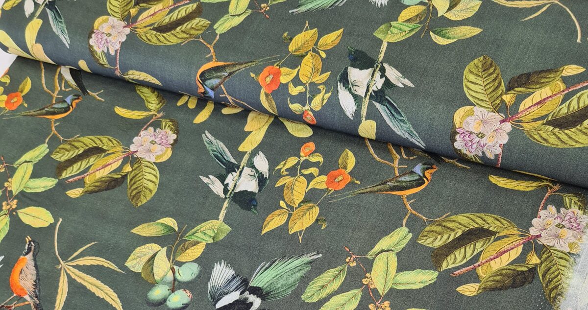 Viscose with birds and leaf trees print (Army green)