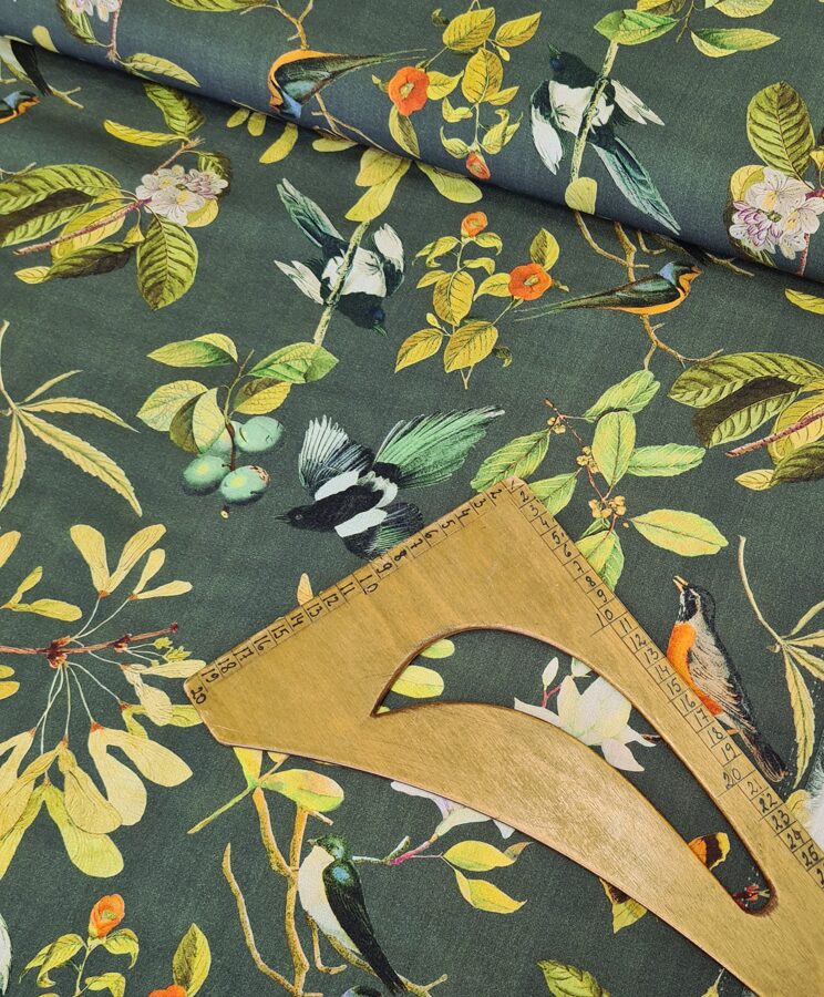 Viscose with birds and leaf trees print (Army green)