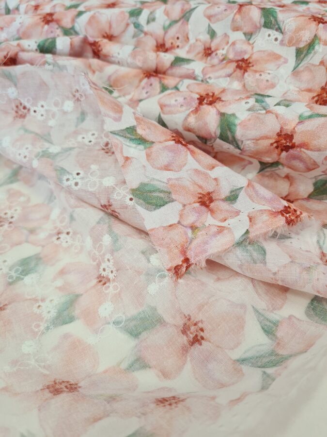 Embroidered Off white cotton batiste with soft pink floral print