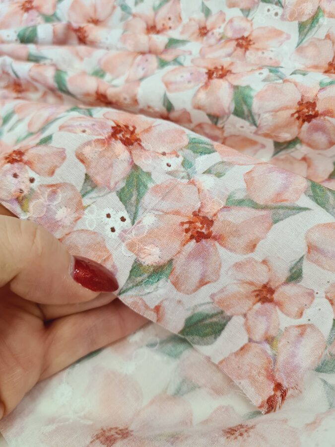 Embroidered Off white cotton batiste with soft pink floral print