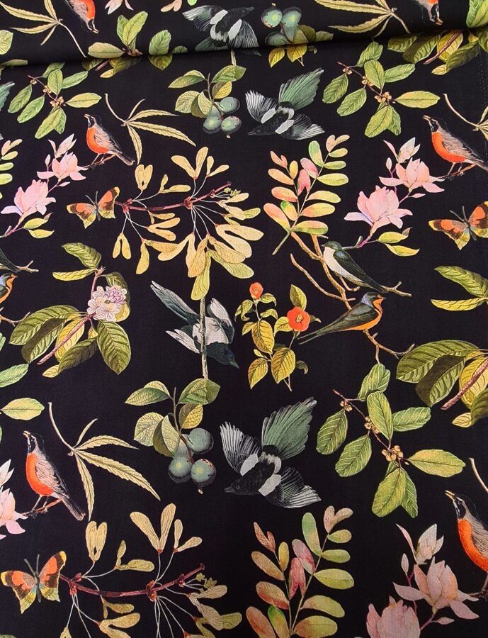 Viscose with birds and leaf trees print (Black)