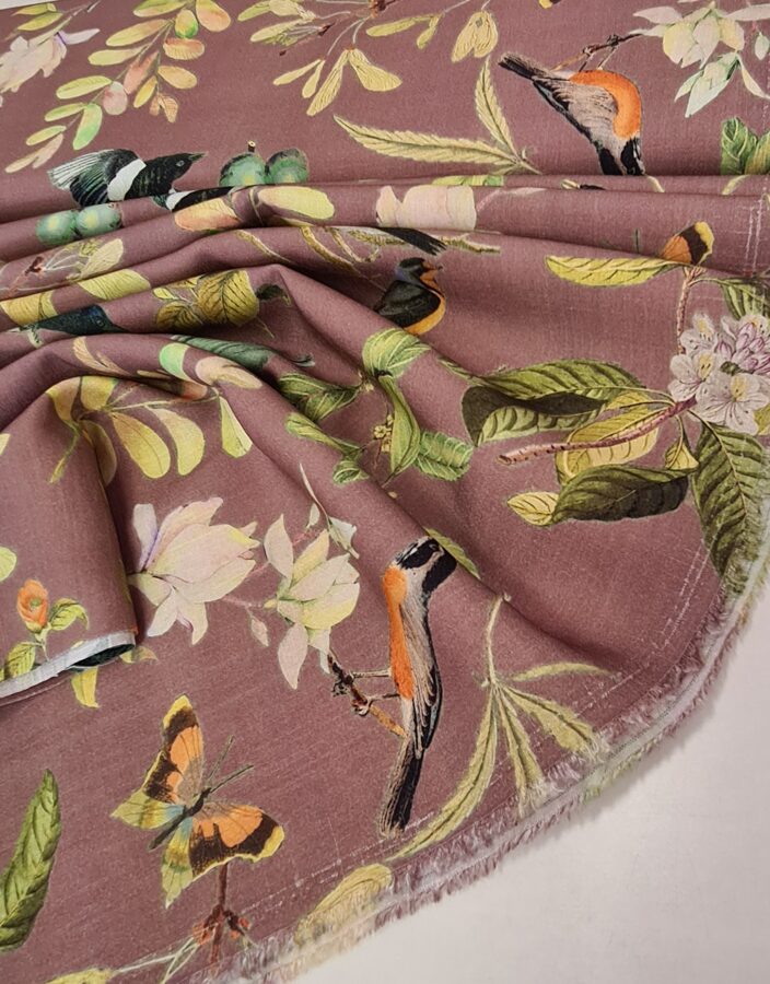 Viscose with birds and leaf trees print (Dark old rose)