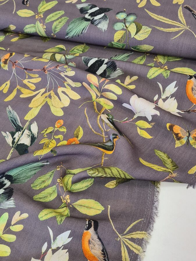 Viscose with birds and leaf trees print (Grey)