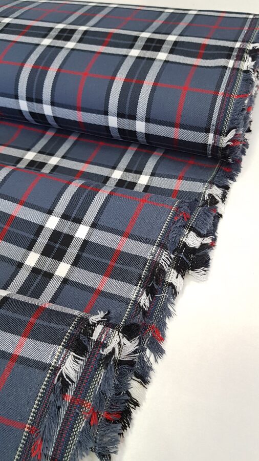 Grey checkered fabric with red stripes
