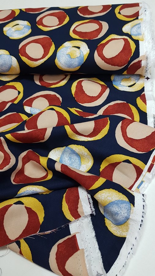 Navy viscose twill with coloured circles