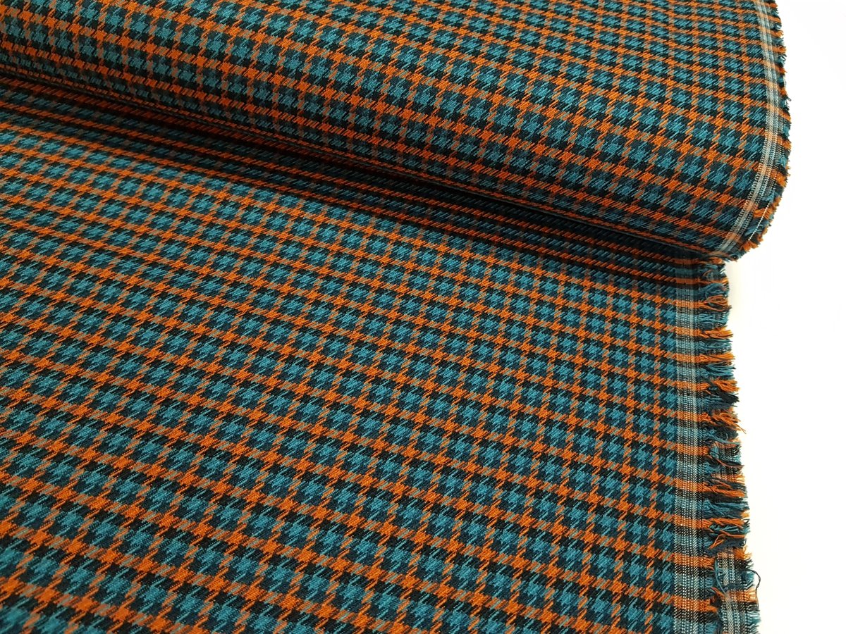 Fabric with checks (turquoise with dark orange colour)