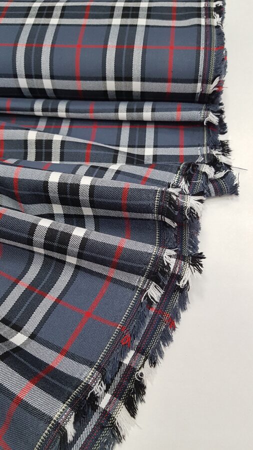 Grey checkered fabric with red stripes