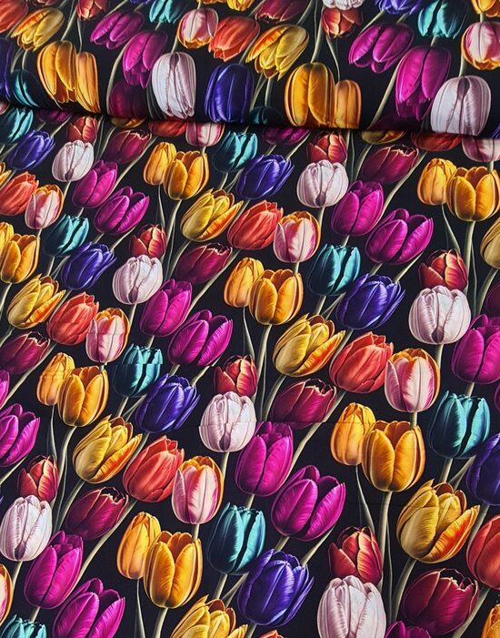 Black viscose with multicolor tulips