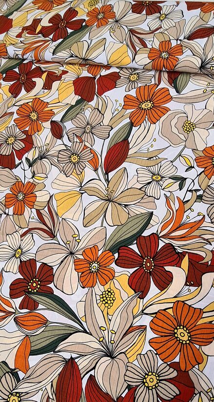 Crinkled viscose with retro floral print (Beige/orange/terracotta)