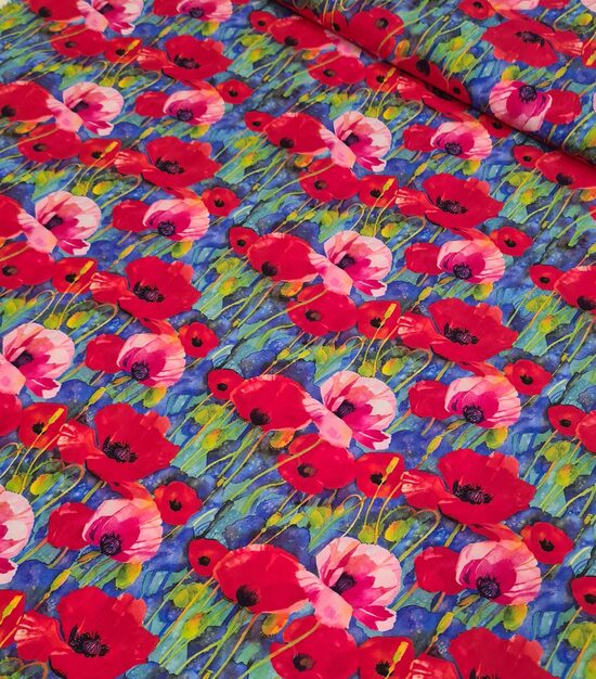 Royal blue viscose with digital poppy print