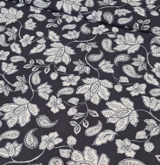 Thin viscose-linen fabric with abstract floral print (Anthracite colour)