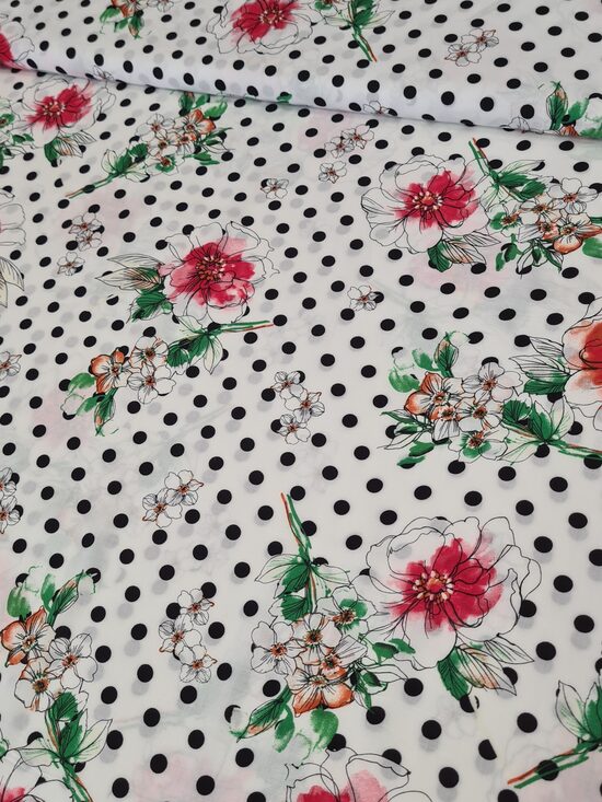 White viscose with black dots and flower print (Dots size 1cm)