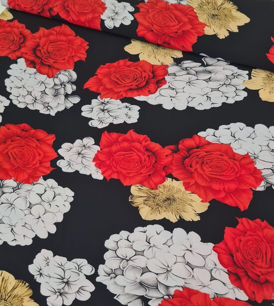 Black fabric with large flowers print