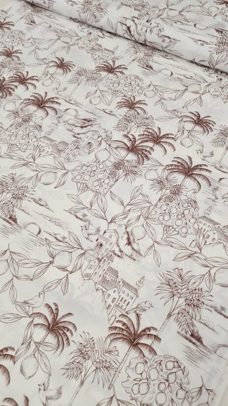 Piena balts kokvilnas batists ar putnu un dabs motīvu apdruku (Bēšs)