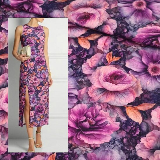 Kokvilnas trikotāža ar peoniju apdruku