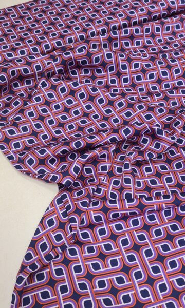 Viscose satin with geometric print (Navy/Lilac/Orange)