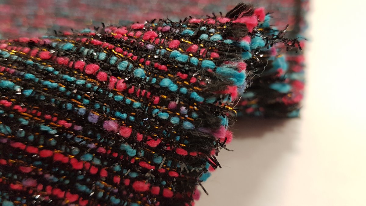 Boucle fabric with gold lurex  (Petrol blue, black and fuchsia thread)